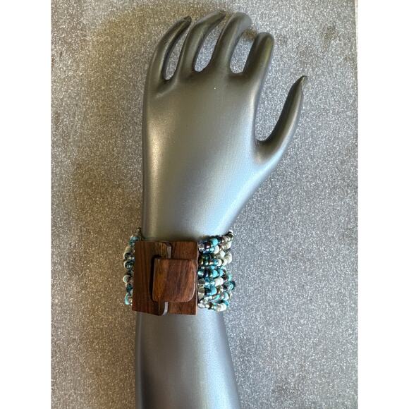 12 Strands Blues & Browns Beaded Stretch Bracelet With Wooden Buckle Closure - Picture 3 of 8